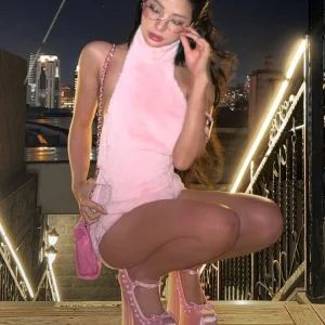 Nibber Furry 2-Piece Set Women Turtleneck Backless Rivets Vests+Mini Elastic Waist Shorts Sexy Midnight Street Fashion Suits