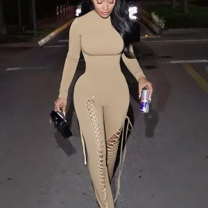 Nibber Cross Bandage Tassel Jumpsuit Women o-Neck Long Sleeve Zipper High Elasticity Skinny Sexy Midnight Street Autumn Outfits