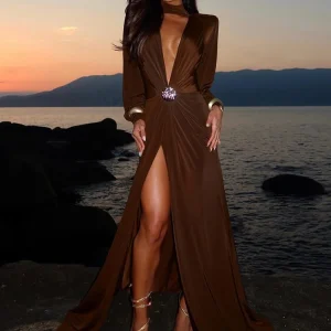 Nibber Hollow Metal Trim Women Maxi Dress Folds Long Sleeve Deep v-Neck High Split Elegant Banquet Fashion Chic Sexy Vestidos